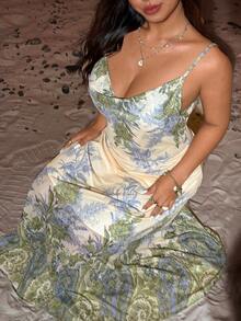 SHEIN EZwear Đầm hai dây dáng rộng in họa tiết cây nhiệt đới, cỡ lớn, màu vàng nhạt. - Vàng nhạt - Xem 6