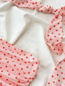 SHEIN Tween Girl Polka Dot Ruched Fitted Tube Top, Versatile For Vacation - Baby Pink - View 5