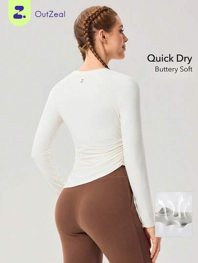 OutZeal Women Sports White Tee Gym Workout Quick Dry Asymmetrical Gathered Hem Design Active Top