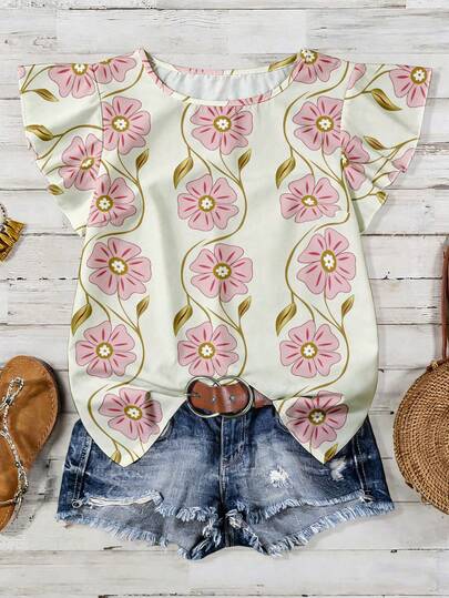 EMERY ROSE Kadınlar için Günlük Kullanım İçin Pembe Çiçek Desenli Yuvarlak Yaka Fırfırlı Kollu Bluz, İlkbahar/Yaz, Büyük Beden Baskılı Gömlek