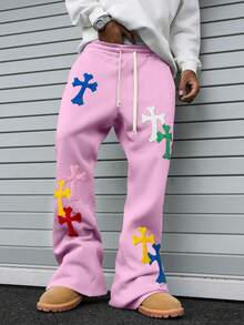 PAVTROS Men's Drawstring Waist Cross Embroidery Casual Sweatpants - Pink - View 3