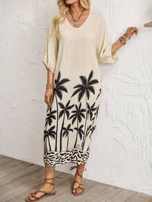 Breezaya Women's V-Neck Three-Quarter Sleeve Palm Tree Print Midi Dress,White Summer Casual Tropical Beach Vacation Holiday,Loose Flowy Resort Wear Cover Up - Apricot - View 8