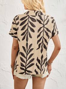 Breezaya Áo sơ mi nữ họa tiết thực vật phong cách thường ngày cho kỳ nghỉ - Màu Khaki - Xem 2