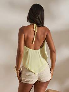 Opulessa Women's Solid Color Woven Halter Backless Blouse, Suitable For Spring/Summer Vacation,Summer Top - Light Yellow - View 2