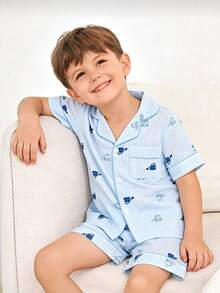 Young Boys Pajamas Set Summer Family Matching Button Front Short Sleeve Collar Shirt Short Pants Cartoon Car Blue White Striped Loungewear All Season - Blue and White - View 7
