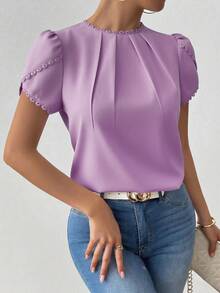 Rafferiza Blusa elegante y casual de mujer con cuello de encaje de unicolor, parche y volantes en las mangas acampanadas - Morado - Ver 4