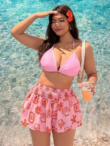 SHEIN EZwear Quần short dáng rộng, cỡ lớn, cạp chun, họa tiết biển, thích hợp cho mùa hè. - Màu Cam san hô - Xem 7