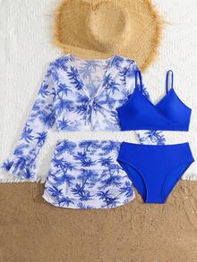 SHEIN 少女四件套泳衣，时尚印花分体泳衣，荷叶边装饰，适合游泳、度假、海滩、泳池、夏季假日派对 - 寶藍色 - 查看 5