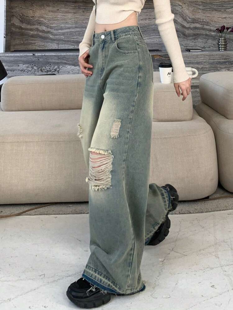 Women's Loose Fit Distressed Washed Copper Tone Denim Jeans