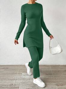 SHEIN Cottnline Ladies' Solid Color Long Sleeve And Pants Two Pieces Set - Dark Green - View 4