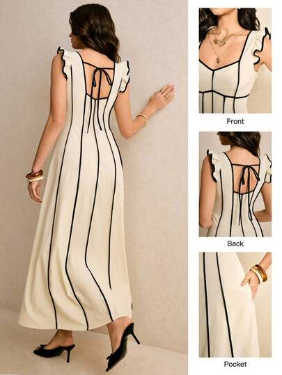 Poéselle Women's Colorblock Striped Minimalist Sleeveless Dress,Elegant Square Neck Dress With Backless Tie Design And Pocket,Summer Music Festival Outfits,