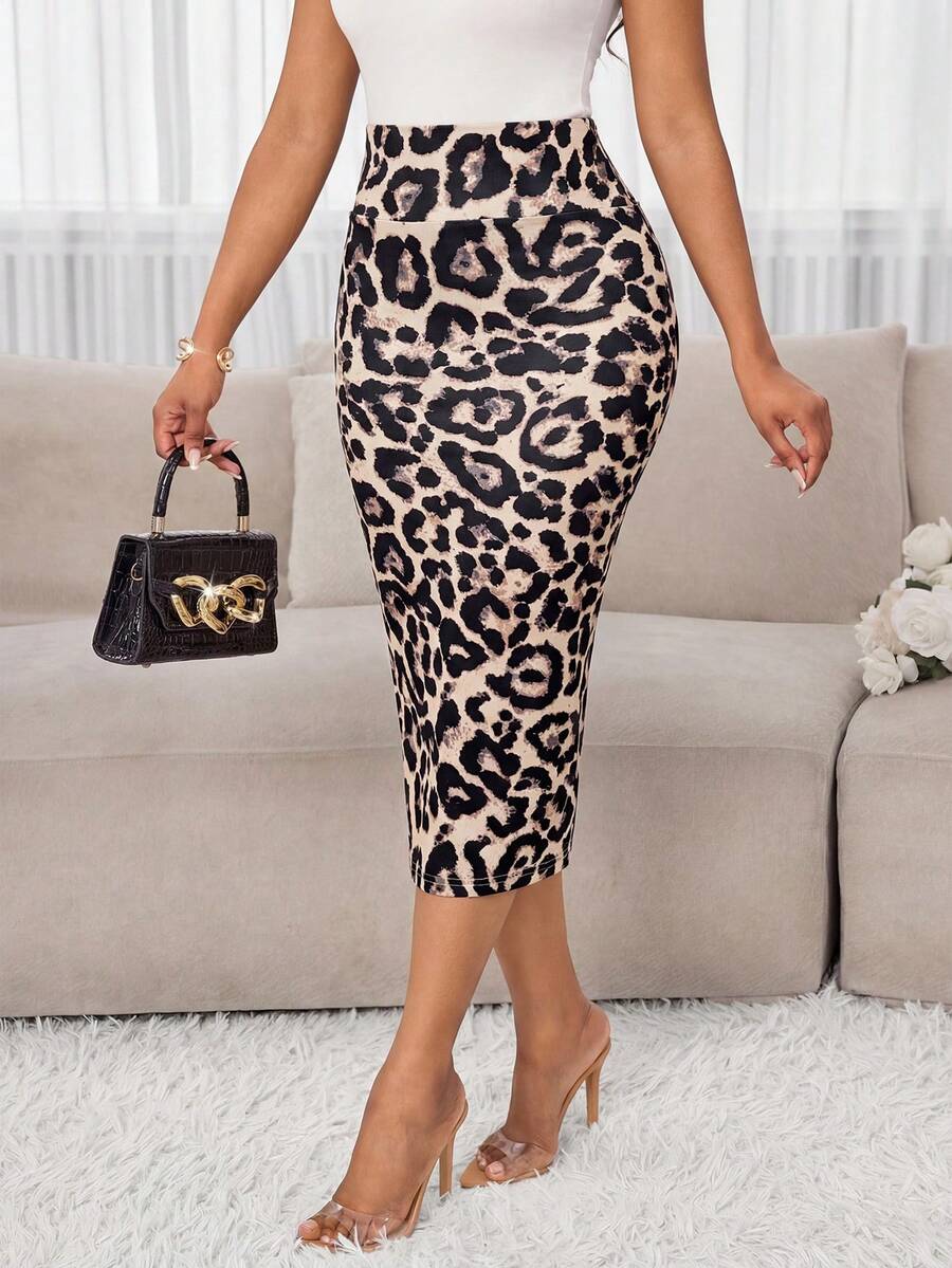 SHEIN Lady Chân váy bút chì cạp cao họa tiết da báo dành cho nữ - Nhiều màu - Xem 1