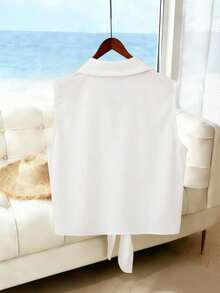 Franclia 女士春夏新款优雅法式简约白色翻领无袖衬衫 – 单排扣下摆系带设计，轻盈透气修身，适合春夏穿着 - 白色 - 查看 2