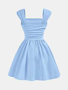 SHEIN Girlism Vestido camisero azul elegante con pliegues en los hombros y el busto, corte evasé para adolescentes - Azul - Ver 2