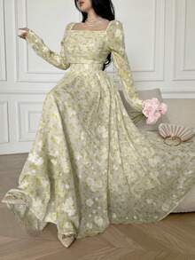 Vestido largo con cuello cuadrado y cintura ceñida con estampado floral diminuto elegante para mujer, primavera/verano - Amarillo claro - Ver 3