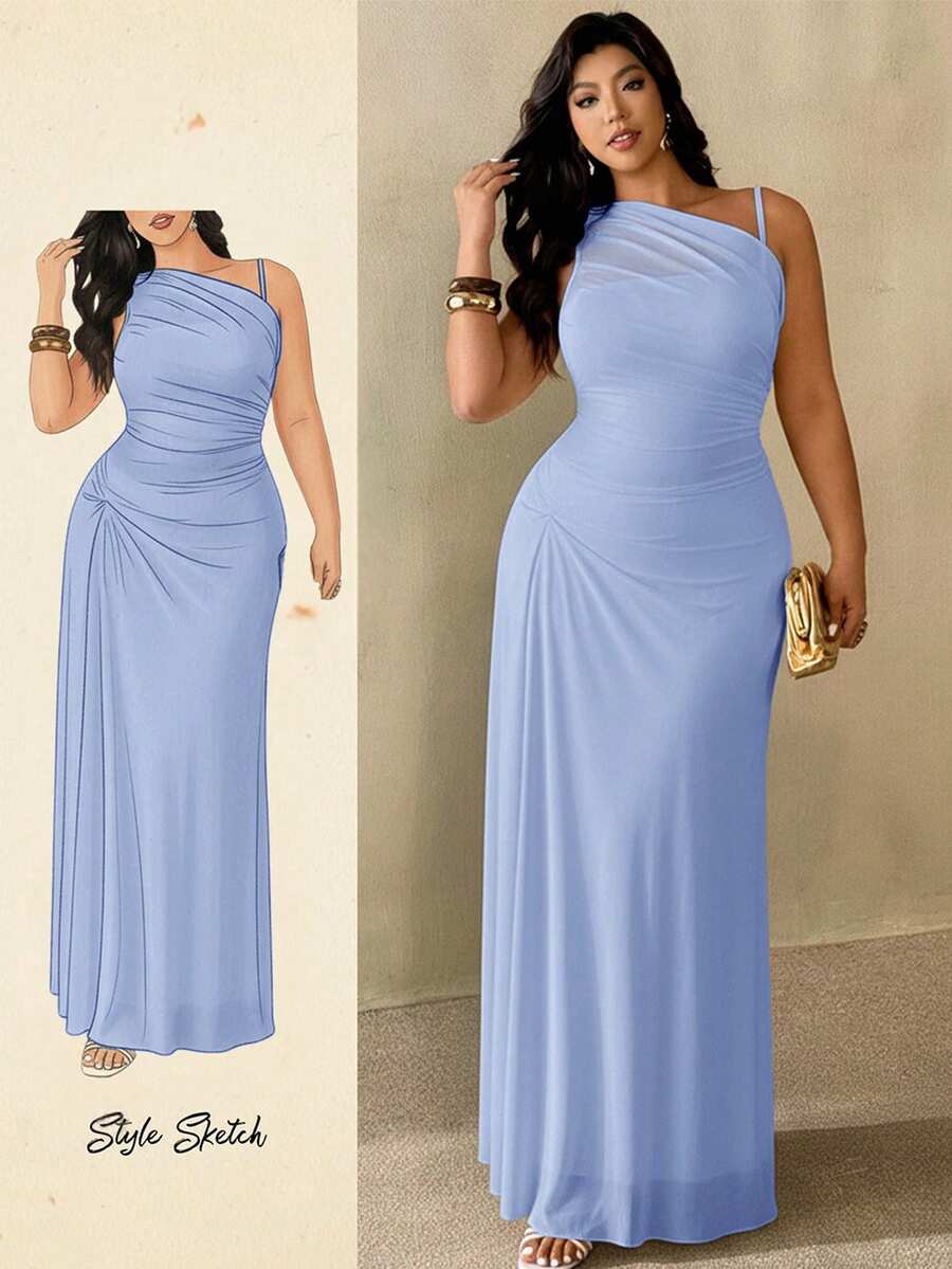 Auralis Plus Size Women's Light Blue Summer Elegant Wedding Guest Sheer Mesh Sleeveless Asymmetrical Neck Ruched Fitted Dress,Minimalist Chic Fashion Basic - Baby Blue - View 1