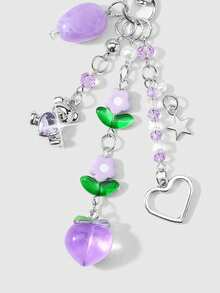 ROMWE Kawaii 1款全新创意可爱休闲甜美学院风紫色系列不对称天然石水钻爱心抱熊仿水晶星星爱心花桃子DIY钥匙扣包包挂件水杯挂件手机壳挂件，固定粘贴爱心饰品，适合女孩女士日常佩戴，节日礼物 - 紫色-20 - 查看 8