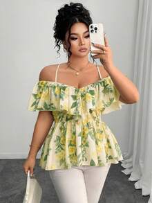 Elenzga Áo kiểu dáng chữ A thanh lịch, trễ vai, viền bèo nhún, cỡ lớn, thích hợp cho mùa xuân/hè. - màu xanh lá - Xem 5