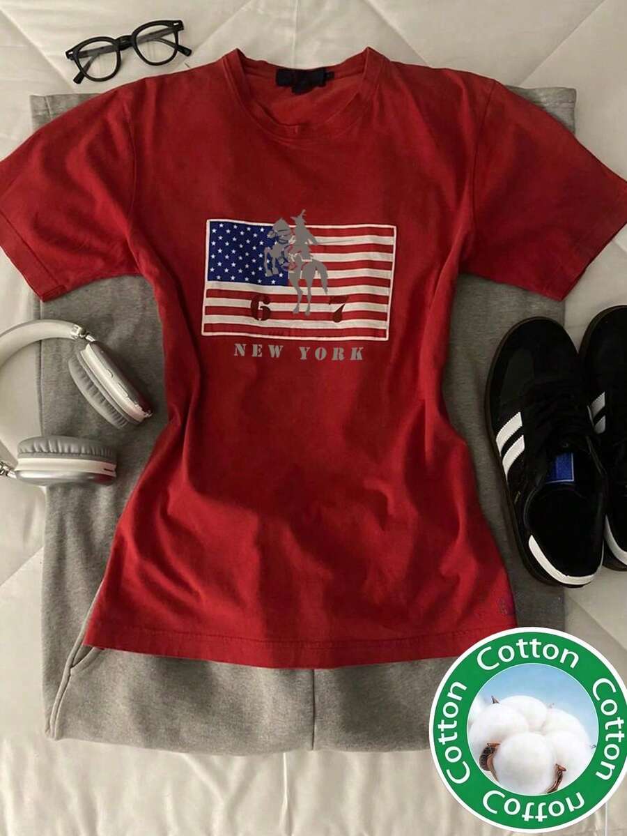 Glimmora 女士圆领美国国旗印花T恤 - 圆领休闲上衣 - 轻薄T恤，适合所有季节 - 黑色 - 查看 1