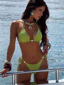 Swim Vcay 2026春夏吊带露背绿色亮面树脂串珠侧高衩系带女士比基尼两件套 - 綠色 - 查看 1