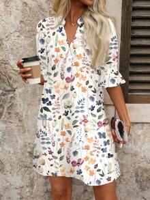 EMERY ROSE Watercolor Floral Print Plus Size Women Dress, Suitable For Summer Vacation - Multicolor - View 4
