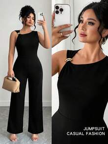 Elenzga Plus Size Solid Color Metal Decor Asymmetric Neckline Sleeveless Jumpsuit - Black - View 4
