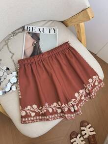 Airaco Pantalones cortos casuales de pierna ancha con cordón y estampado de monedas vintage, con un diseño elegante y estilizador - Óxido marrón - Ver 3