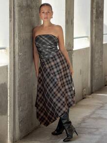 Kuleshova Women Plaid Pleated Sleeveless Tank Top, Fashion & Casual - Brown - View 5