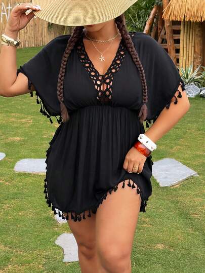 Swim Vcay Plus Size Women Black Crochet Beach Cover Up Dress