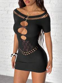 EgrlEra 女士性感黑色短袖提花迷你连衣裙 - 黑色 - 查看 5