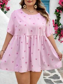 SHEIN CURVE+ Curve 尺码 US22 音乐节、海滨度假、波西米亚风女士蝴蝶结条纹圆领短袖印花休闲上衣，适合日常穿着，波西米亚风格/波西米亚风，假日、度假、夏季海滩、婚礼宾客、休闲夏季衬衫 - 粉色 - 查看 6