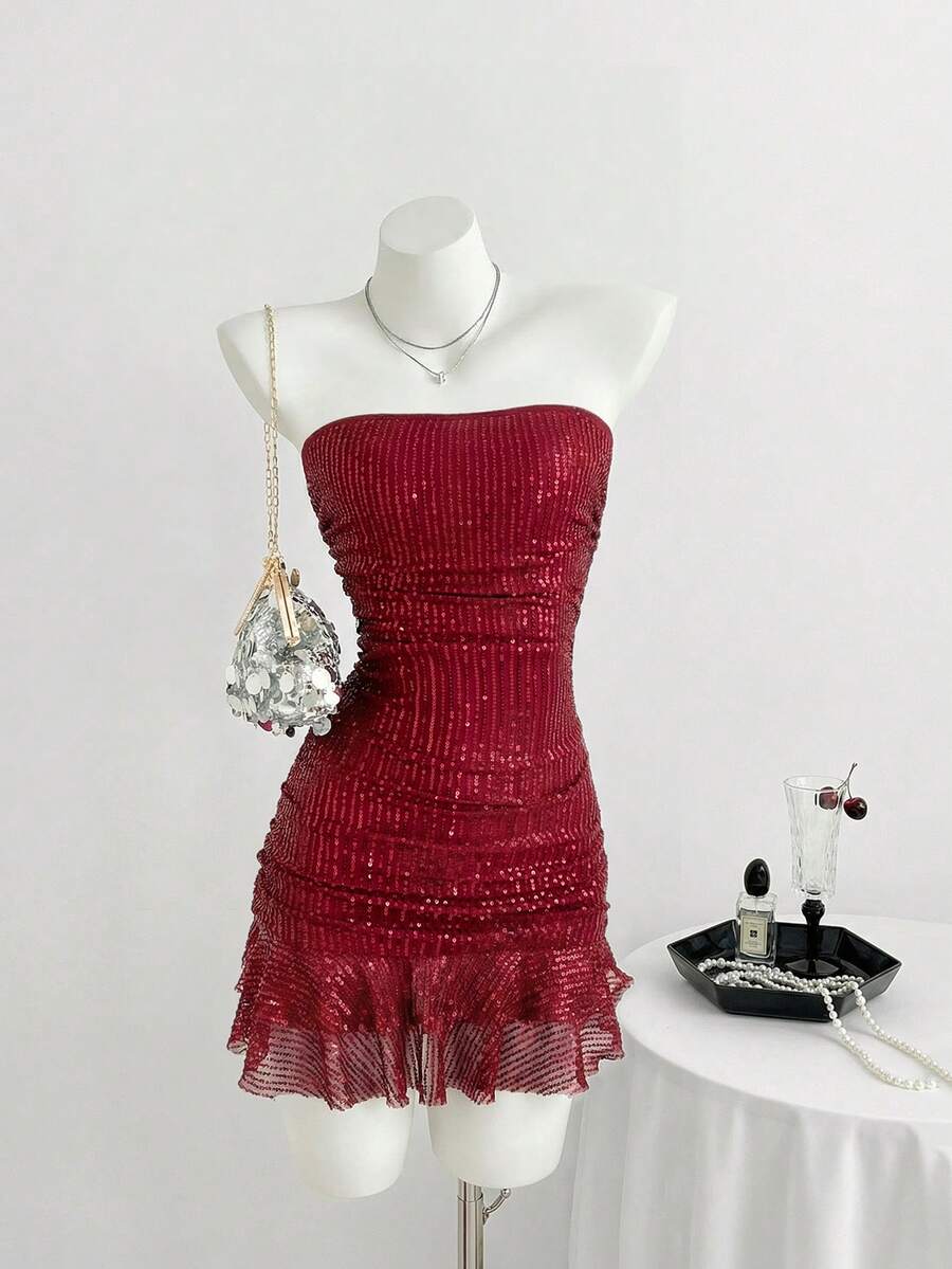 Elamini 女式时尚性感亮片系带露背抹胸迷你连衣裙 - 酒紅色 - 查看 1