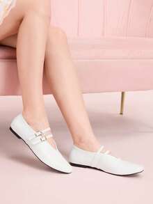 CUCCOO DOLLMOD 女士芭蕾平底鞋，玛丽珍平底鞋，套脚式，可调节系带圆头平底鞋，舒适时尚双扣芭蕾舞鞋 - 白色 - 查看 4