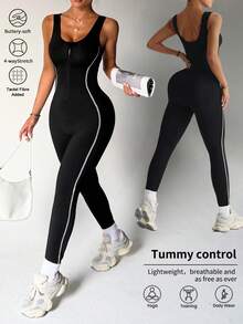 Dewbera Mono con cuello en V, cremallera frontal, rayas de contraste y espalda descubierta para mujer, adecuado para uso diario casual, correr, yoga, gimnasio, tenis, golf, primavera/otoño - Negro - Ver 3