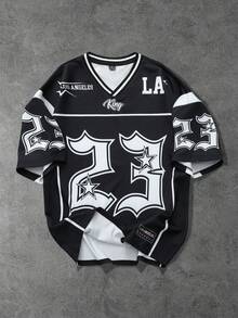 STYNVO Men's Casual Numeric Print Collar Short Sleeve T-Shirt, Summer - Black and White - View 1