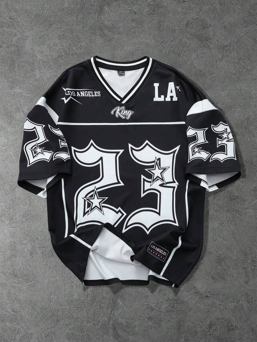 STYNVO Men's Casual Numeric Print Collar Short Sleeve T-Shirt, Summer - Black and White - View 1