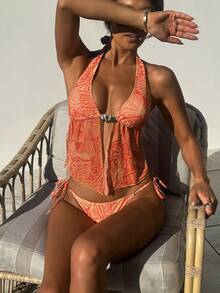 Bonvoyette 女士夏季沙滩全印花性感时尚吊带背心式泳衣套装 - 彩色 - 查看 3