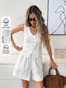 Easowa 女士夏季休闲纯色背心短裤两件套；女士100%纯棉透气不对称纽扣背心短裤套装；夏季两件套纯白色棉质背心短裤套装；女士夏季服装；女士春季服装；女士度假服装；女士白色两件套 - 白色 - 查看 3