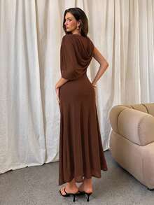 Aloruh 女士优雅圆领单肩不对称腰身网纱可可棕色连衣裙 - 咖啡 - 查看 2