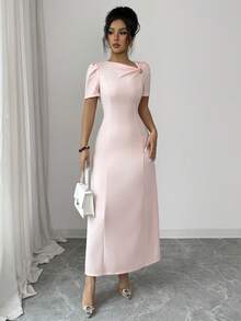 SHEIN Elenzya 女士不对称设计金属扣装饰领口修身优雅连衣裙，适合日常通勤、度假、音乐节、时尚法式街头风约会、复古百搭，春夏新款浅粉色长袖连衣裙 - 淺粉色 - 查看 7