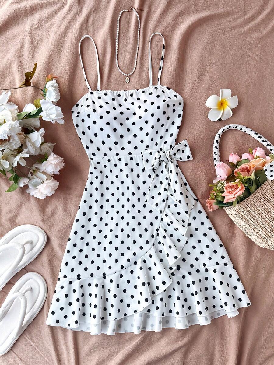 SHEIN 少女波点无袖休闲荷叶边短款飘逸A字度假连衣裙，夏季服装，沙滩装，假日装，太阳裙，波西米亚风，海滩度假装扮 - 白色 - 查看 1