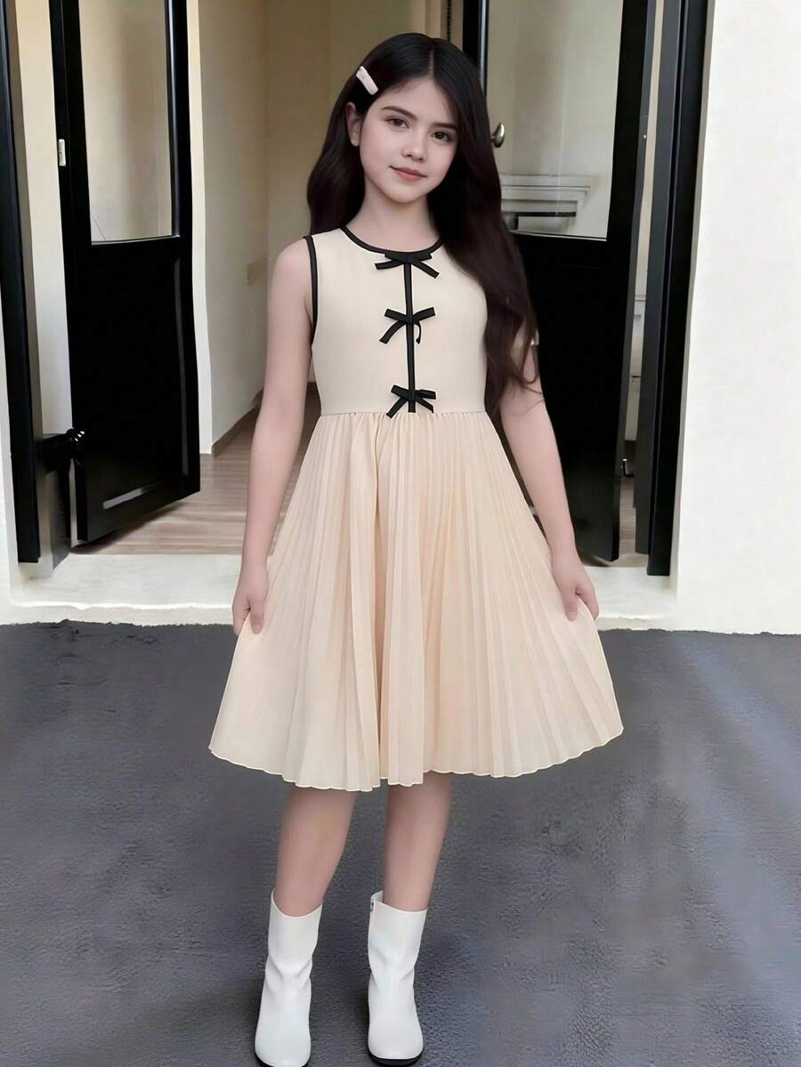 Tween Girl Butterfly Decor Pleated Hem Sleeveless Dress Girls Pleated Dress Tween Girl Church Dress Tween Neutral Dress Nude Dress For Tweens Sleeveless Dress Young Girl Teen Girl Collar Dress Collared Dress Young Girl Beige Dress For Girls Clothes For Girls 13 14 Girs Dress Cute Dresses For Girls - Beige - View 1