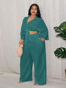 Slaydiva Bộ đồ mùa hè dành cho nữ cỡ lớn, kiểu dáng thường ngày, gợi cảm, tối giản, gồm áo tay lỡ thắt nơ và quần ống đứng. - Màu xanh lam - Xem 7