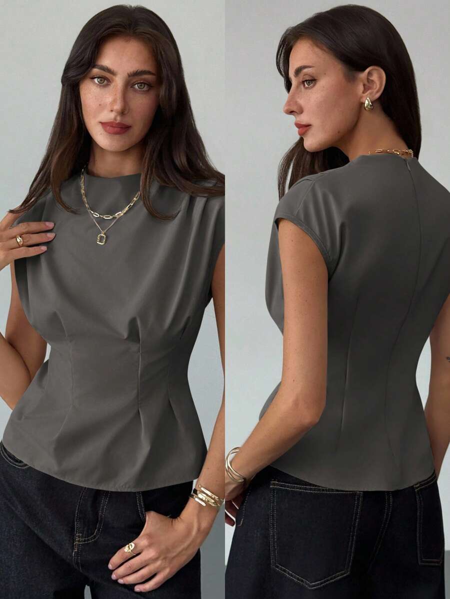 Aloruh Women's Solid Color Round Neck Ruched Design Casual Blouse - Grey - View 1