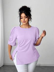 Elenzga Plus Size Women's Elegant Woven Short Sleeve Blue Beaded Decor Fitted Blouse - Purple - View 3