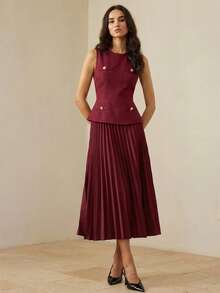 BELROSIE Fashionable & Elegant Commuting Thick Fabric + Pleated Skirt Sleeveless Dress, Suitable For Early Autumn - Burgundy - View 5