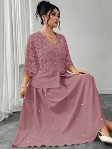 Modelyn 蕾丝拼接衬衫搭配百褶裙，珍珠点缀，松紧腰身，时尚显瘦两件套，优雅女士适用，大码可选 - 藕粉色 - 查看 7