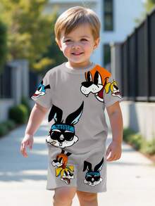 2pcs/Set Young Boy Casual Minimalist Cartoon Rabbit Print Short Sleeve T-Shirt And Shorts, Suitable For Summer Retro Outfit For Kids Kids Fashion Young Boys Clothes Ootd For Kids - Multicolor - View 2