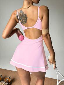 Dewbera Vestido de tankini con tirantes ajustables, bajo con rayas de contraste y shorts, adecuado para primavera y verano - Rosa - Ver 7