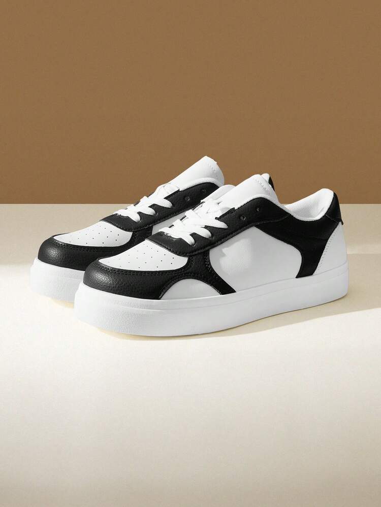 CUCCOO EASI Women's Lace-Up Splicing Breathable Design Round Toe Thick Flat Bottom Casual Sports Shoes Simple And Comfortable Daily Outdoor Casual PU Leather Black And White Casual Sports Shoes